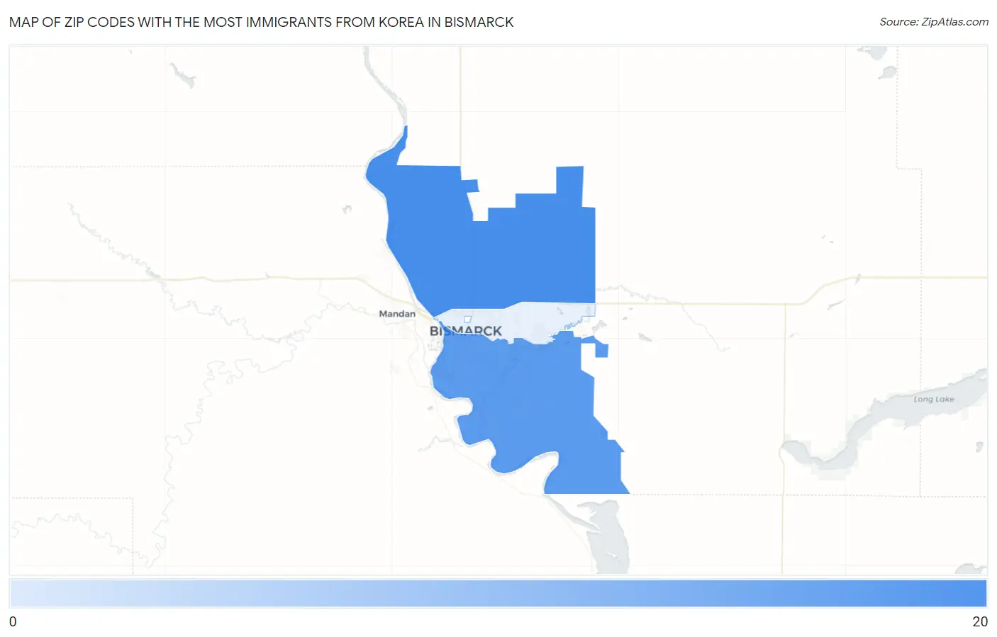 Zip Codes with the Most Immigrants from Korea in Bismarck Map
