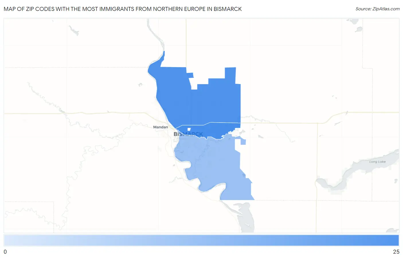 Zip Codes with the Most Immigrants from Northern Europe in Bismarck Map