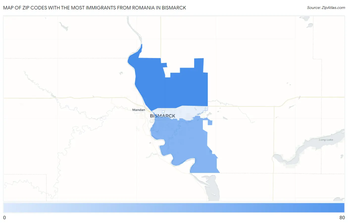 Zip Codes with the Most Immigrants from Romania in Bismarck Map