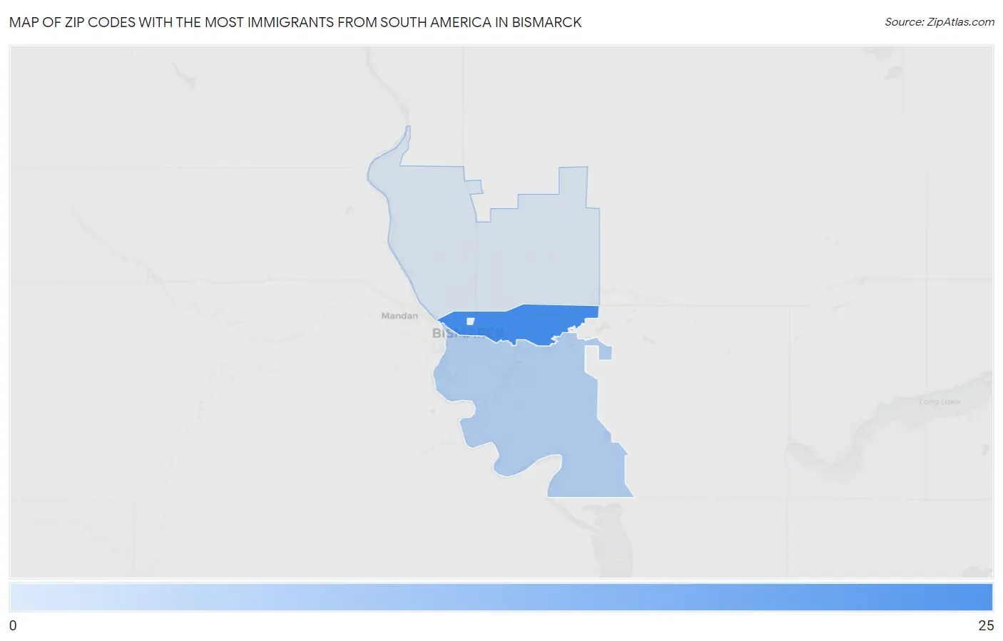 Zip Codes with the Most Immigrants from South America in Bismarck Map