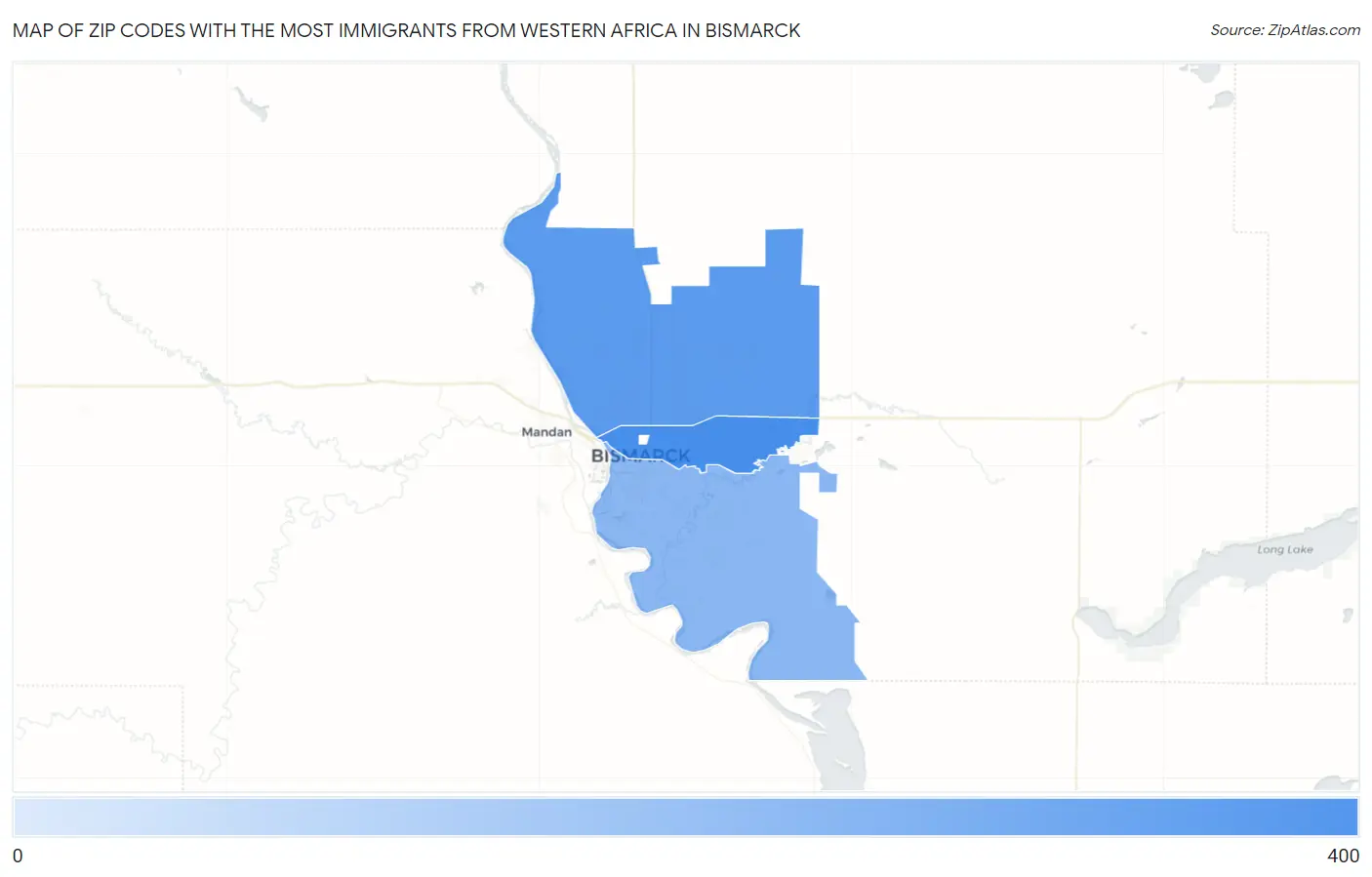 Zip Codes with the Most Immigrants from Western Africa in Bismarck Map
