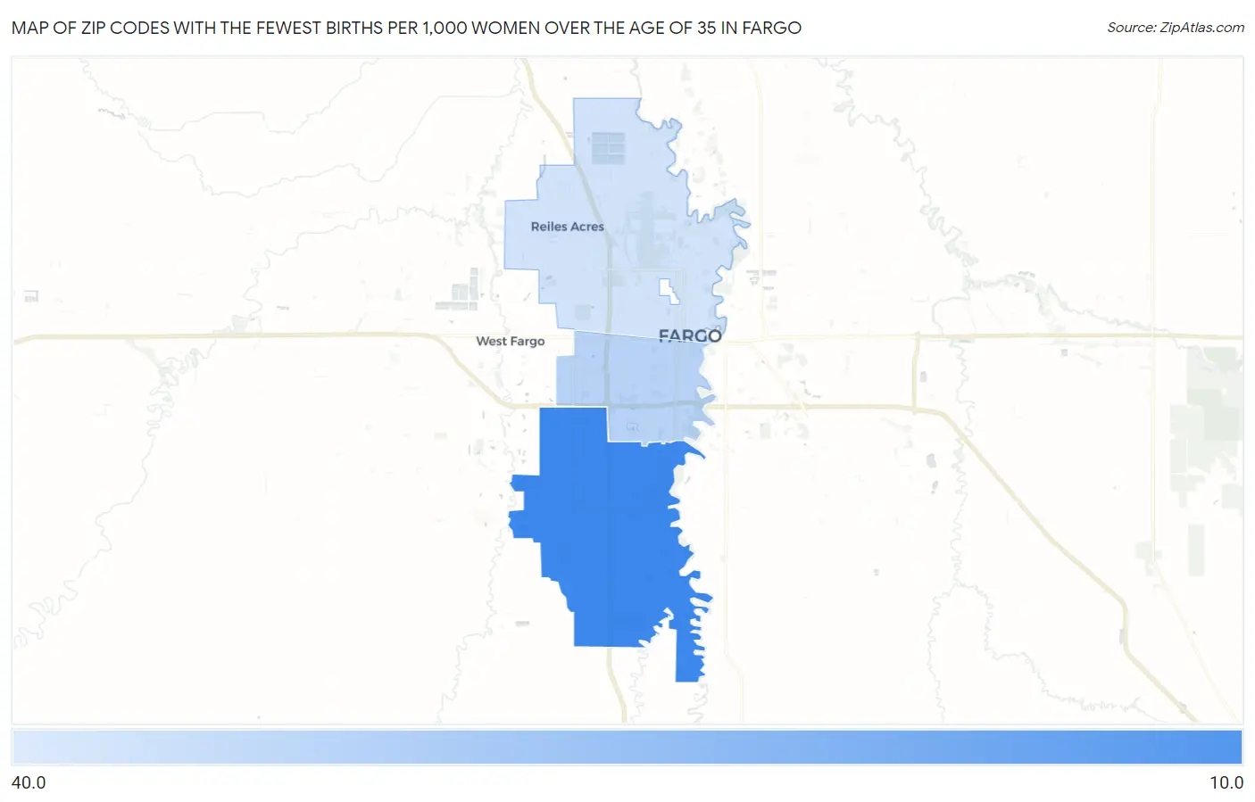 Zip Codes with the Fewest Births per 1,000 Women Over the Age of 35 in Fargo Map