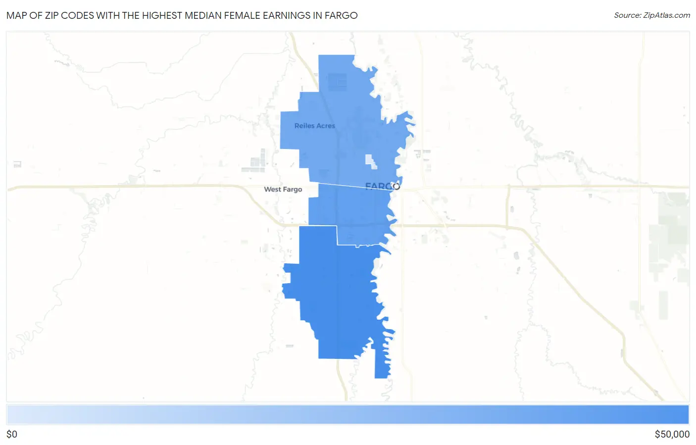 Zip Codes with the Highest Median Female Earnings in Fargo Map