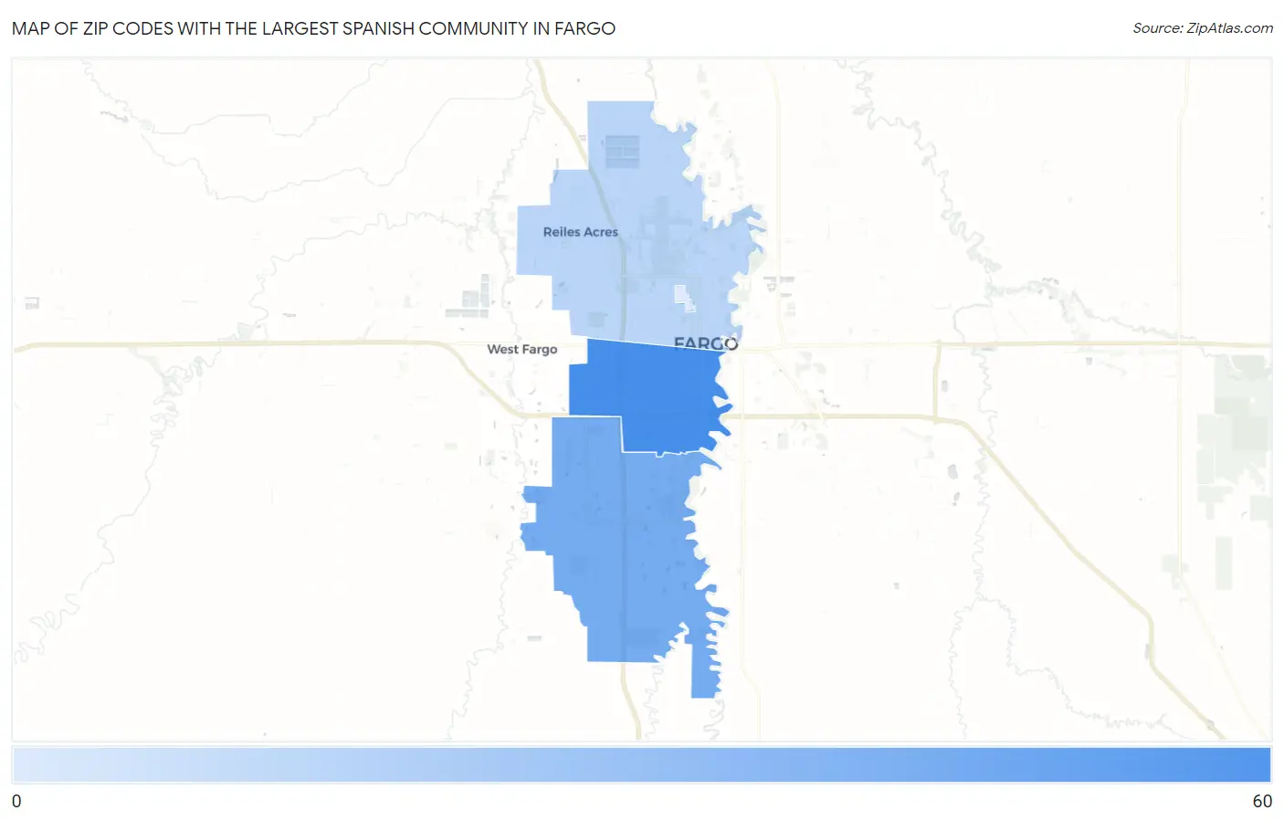 Zip Codes with the Largest Spanish Community in Fargo Map