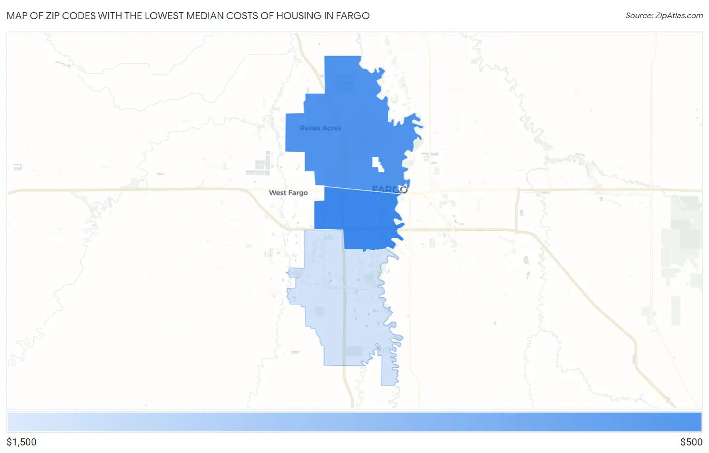 Zip Codes with the Lowest Median Costs of Housing in Fargo Map