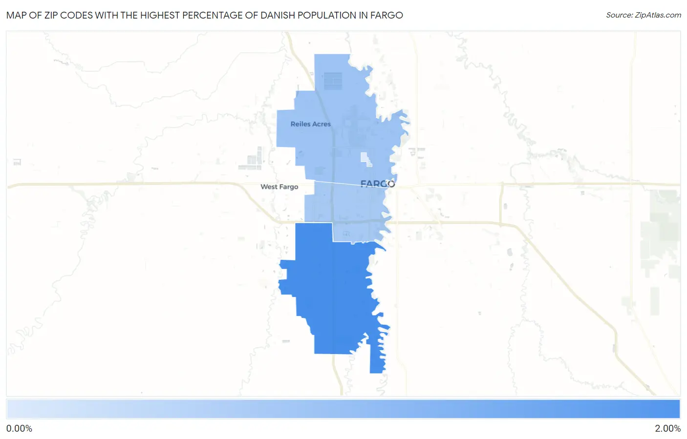 Zip Codes with the Highest Percentage of Danish Population in Fargo Map