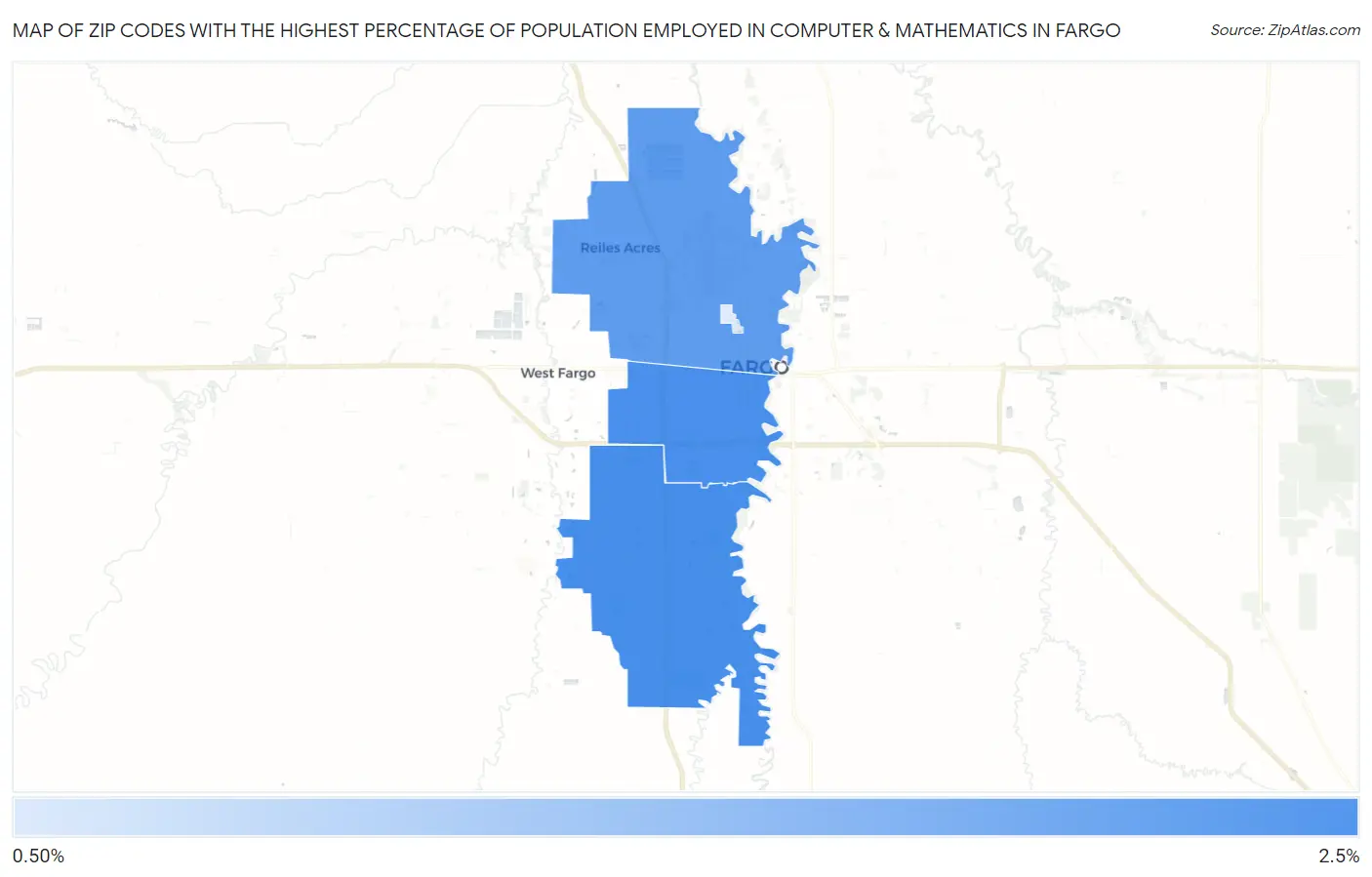 Zip Codes with the Highest Percentage of Population Employed in Computer & Mathematics in Fargo Map