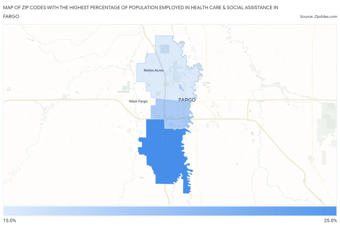 Zip Codes with the Highest Percentage of Population Employed in Health Care & Social Assistance in Fargo Map