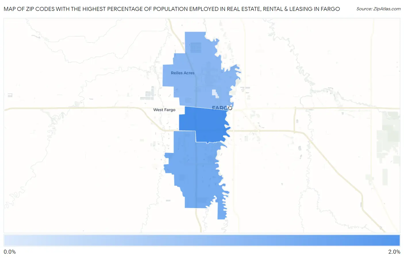 Zip Codes with the Highest Percentage of Population Employed in Real Estate, Rental & Leasing in Fargo Map