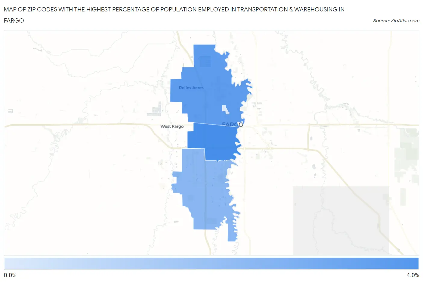 Zip Codes with the Highest Percentage of Population Employed in Transportation & Warehousing in Fargo Map