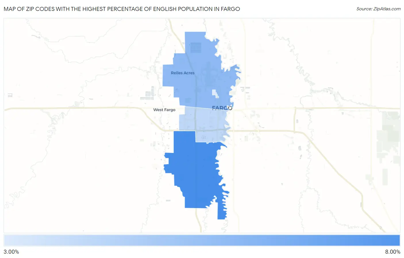 Zip Codes with the Highest Percentage of English Population in Fargo Map