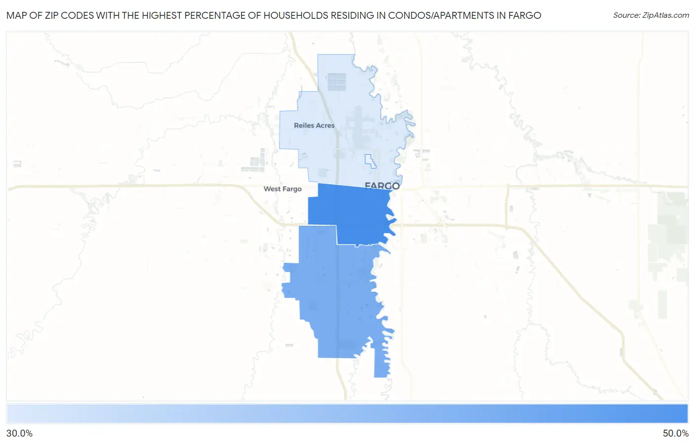 Zip Codes with the Highest Percentage of Households Residing in Condos/Apartments in Fargo Map