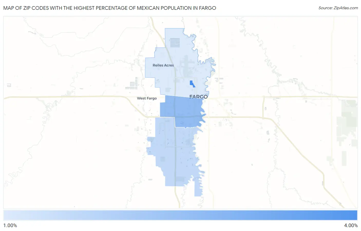 Zip Codes with the Highest Percentage of Mexican Population in Fargo Map
