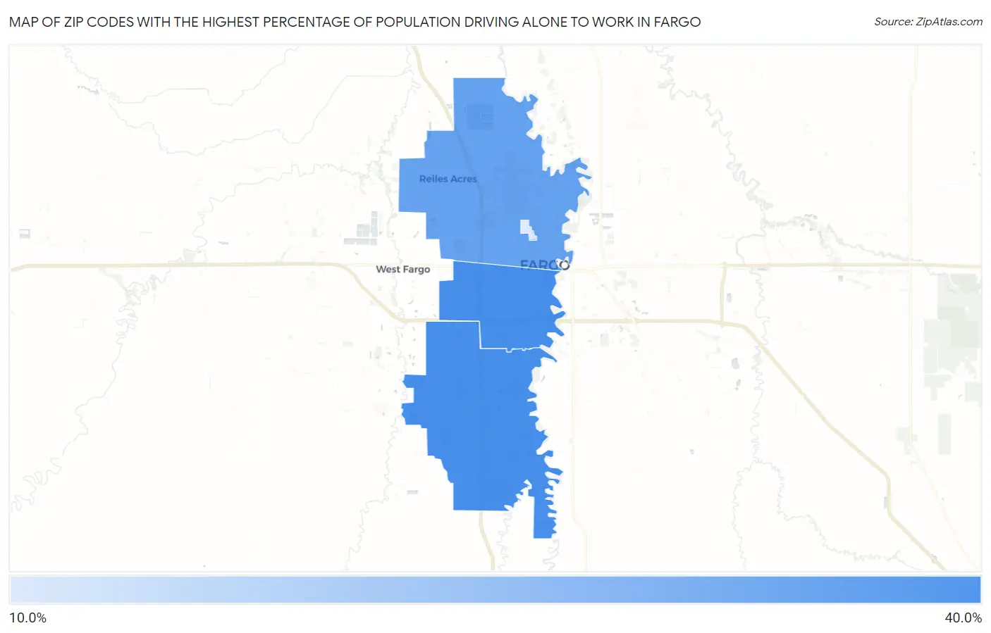 Zip Codes with the Highest Percentage of Population Driving Alone to Work in Fargo Map