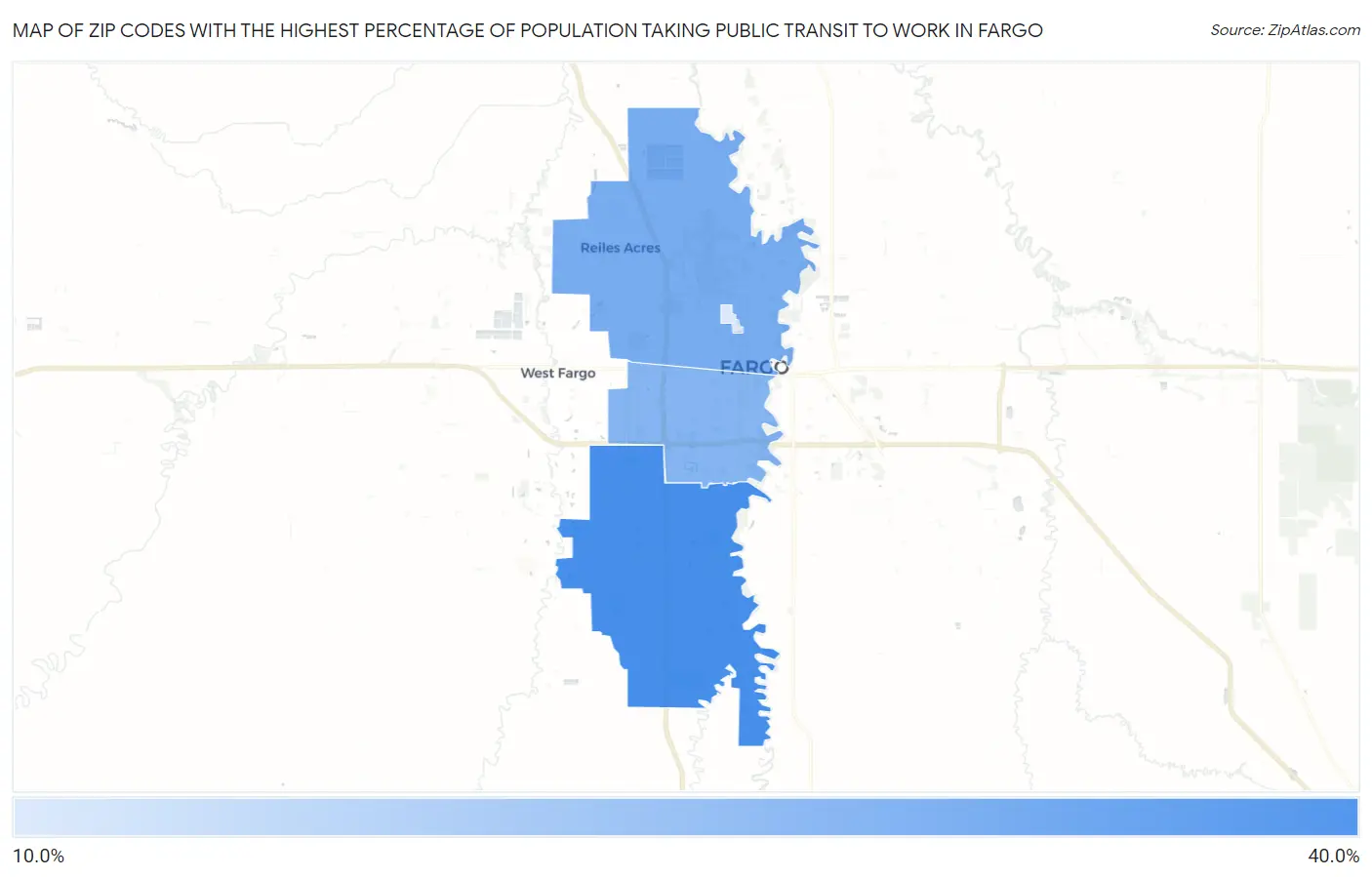 Zip Codes with the Highest Percentage of Population Taking Public Transit to Work in Fargo Map
