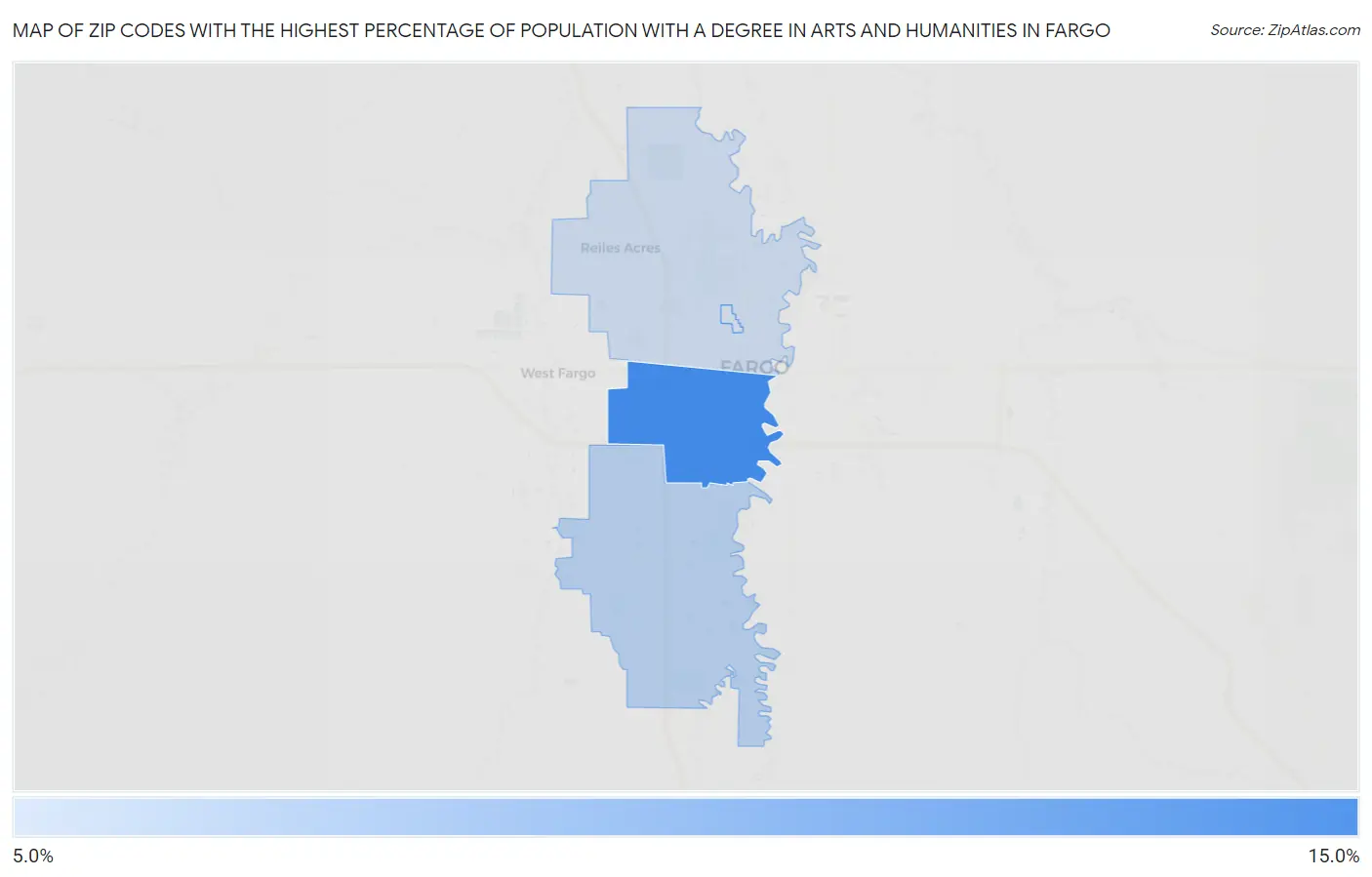 Zip Codes with the Highest Percentage of Population with a Degree in Arts and Humanities in Fargo Map