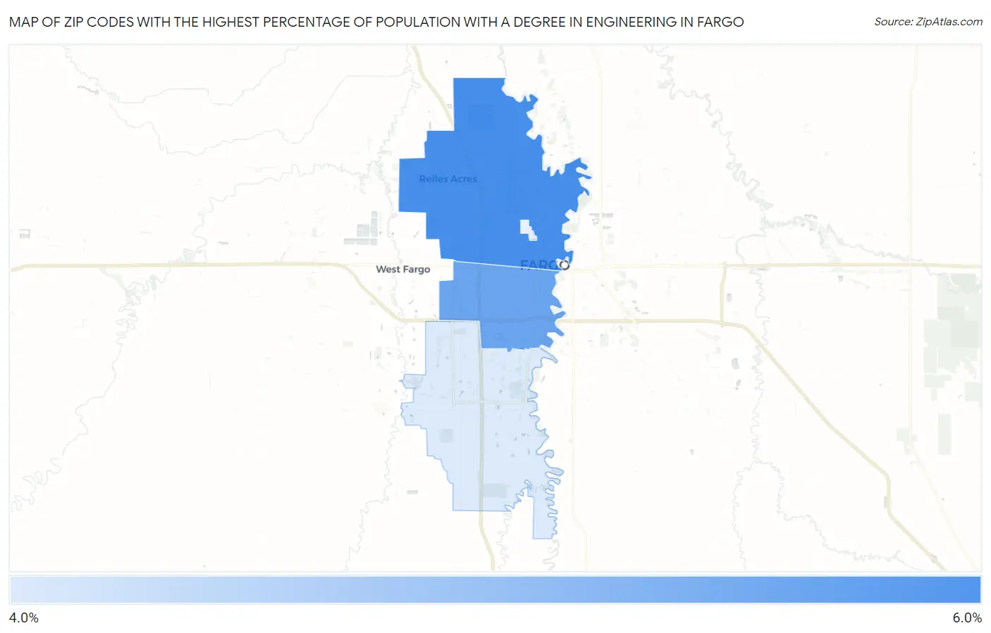 Zip Codes with the Highest Percentage of Population with a Degree in Engineering in Fargo Map