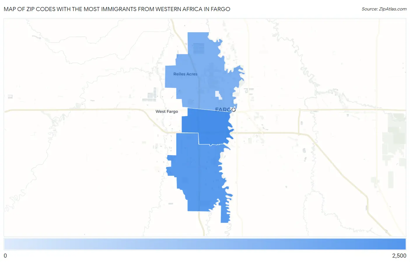 Zip Codes with the Most Immigrants from Western Africa in Fargo Map