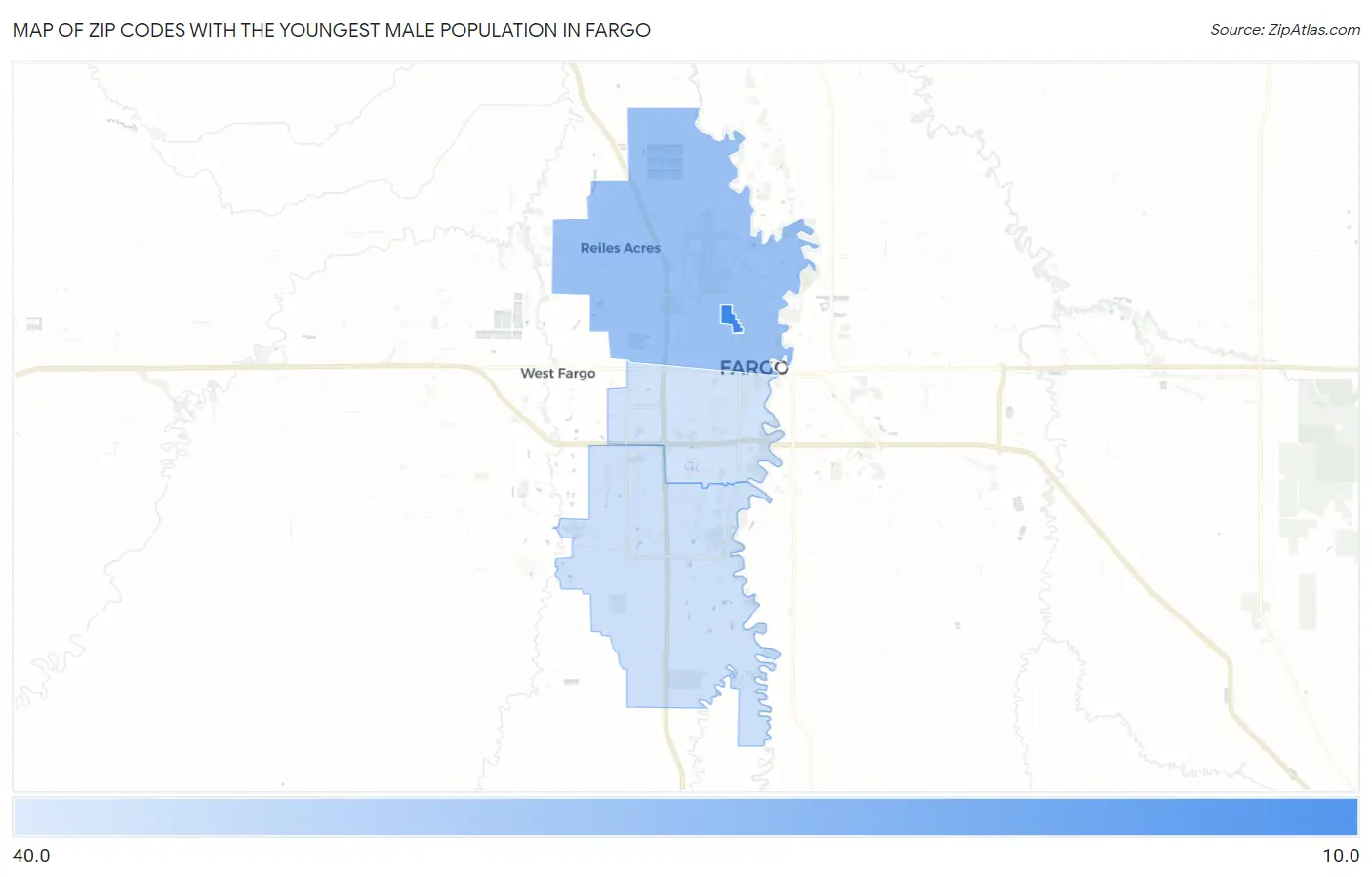 Zip Codes with the Youngest Male Population in Fargo Map