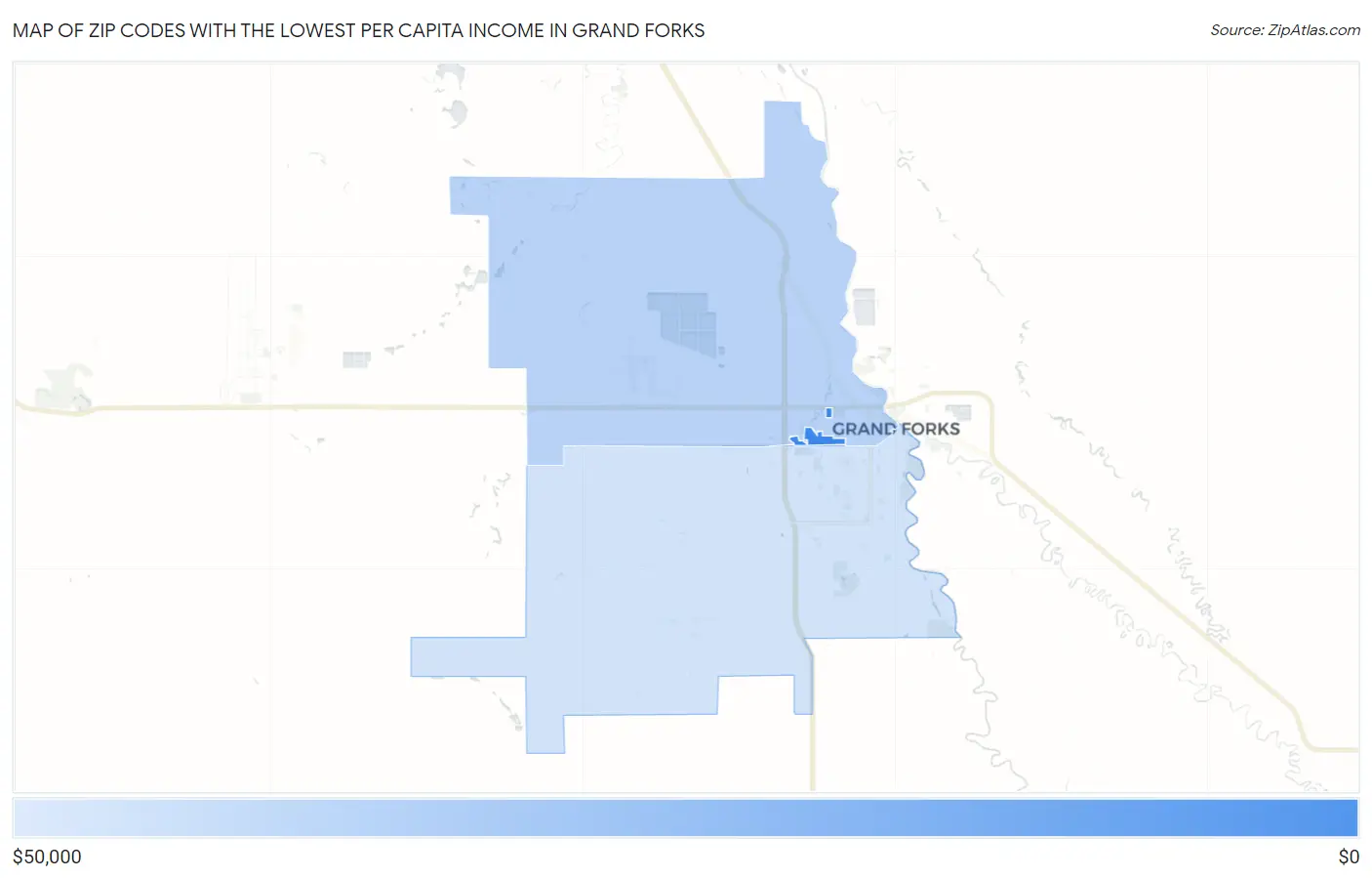 Zip Codes with the Lowest Per Capita Income in Grand Forks Map