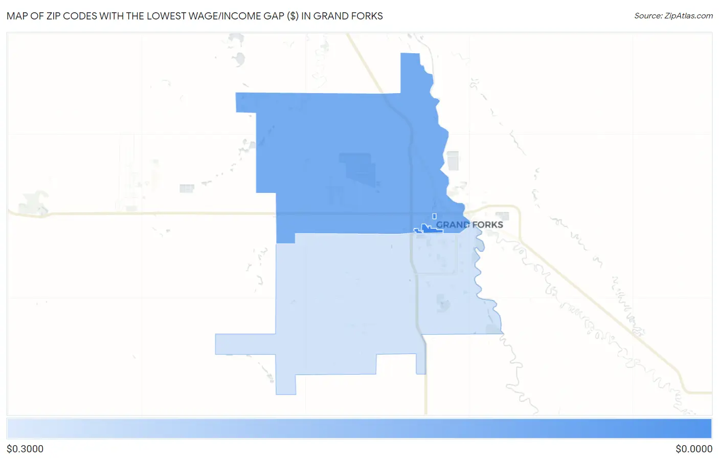 Zip Codes with the Lowest Wage/Income Gap ($) in Grand Forks Map