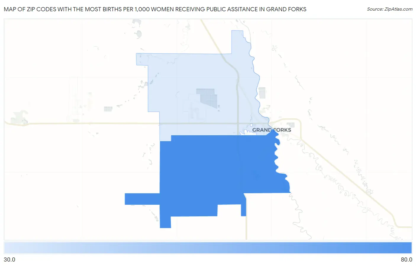 Zip Codes with the Most Births per 1,000 Women Receiving Public Assitance in Grand Forks Map