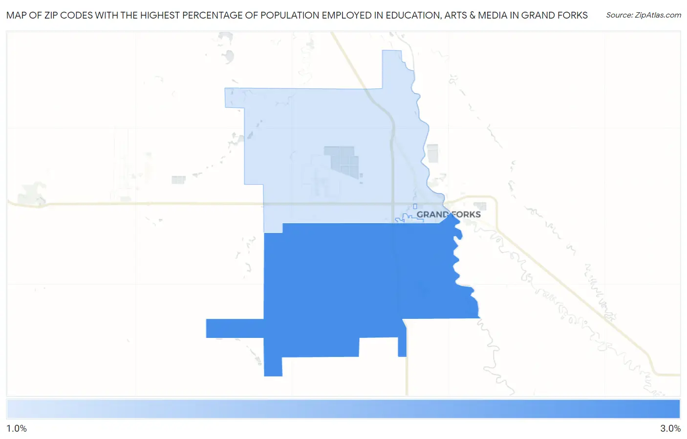 Zip Codes with the Highest Percentage of Population Employed in Education, Arts & Media in Grand Forks Map