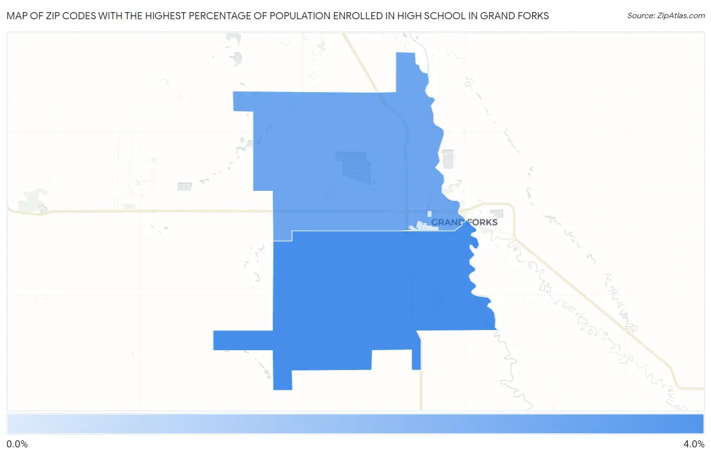 Zip Codes with the Highest Percentage of Population Enrolled in High School in Grand Forks Map