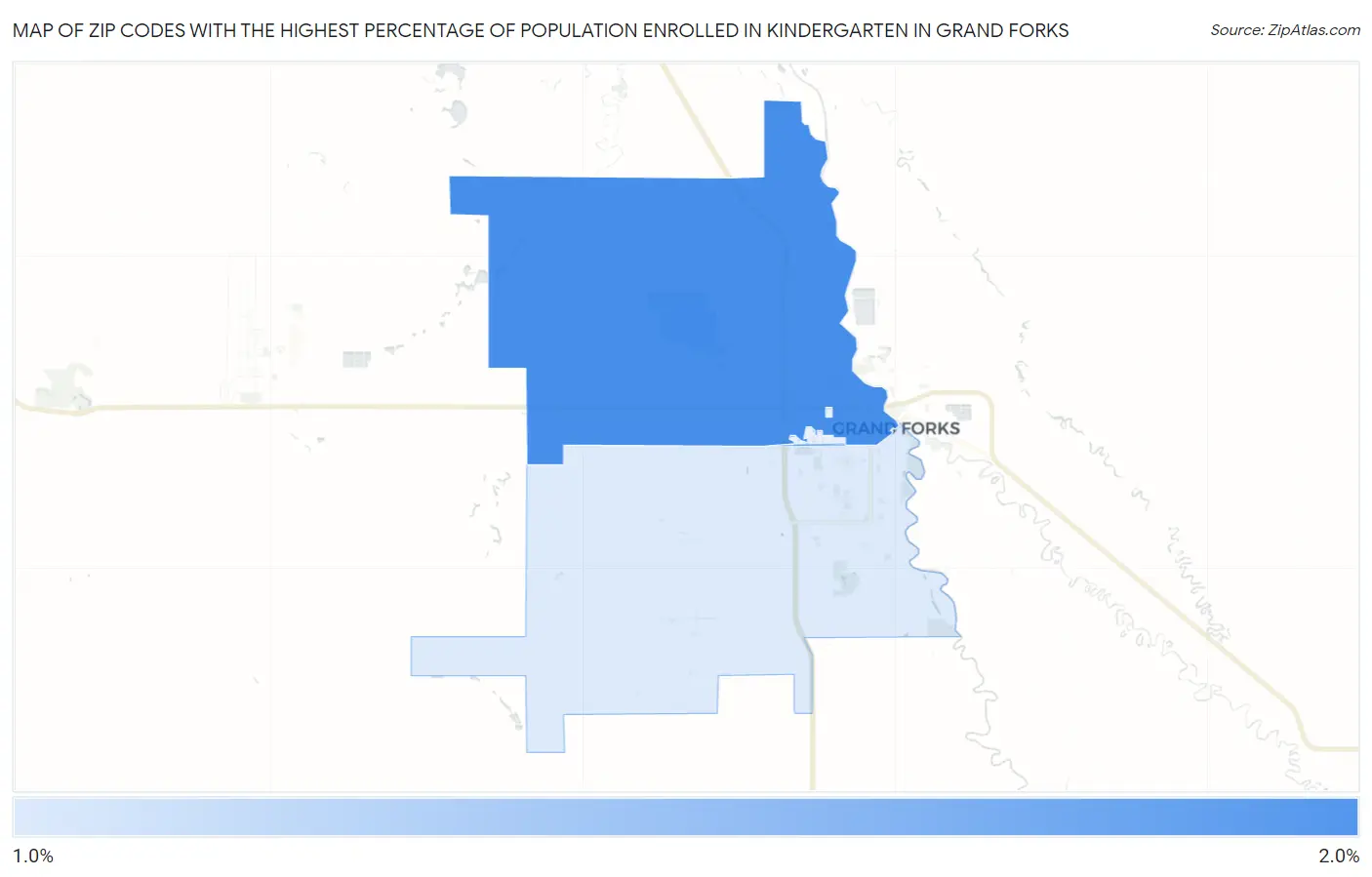 Zip Codes with the Highest Percentage of Population Enrolled in Kindergarten in Grand Forks Map