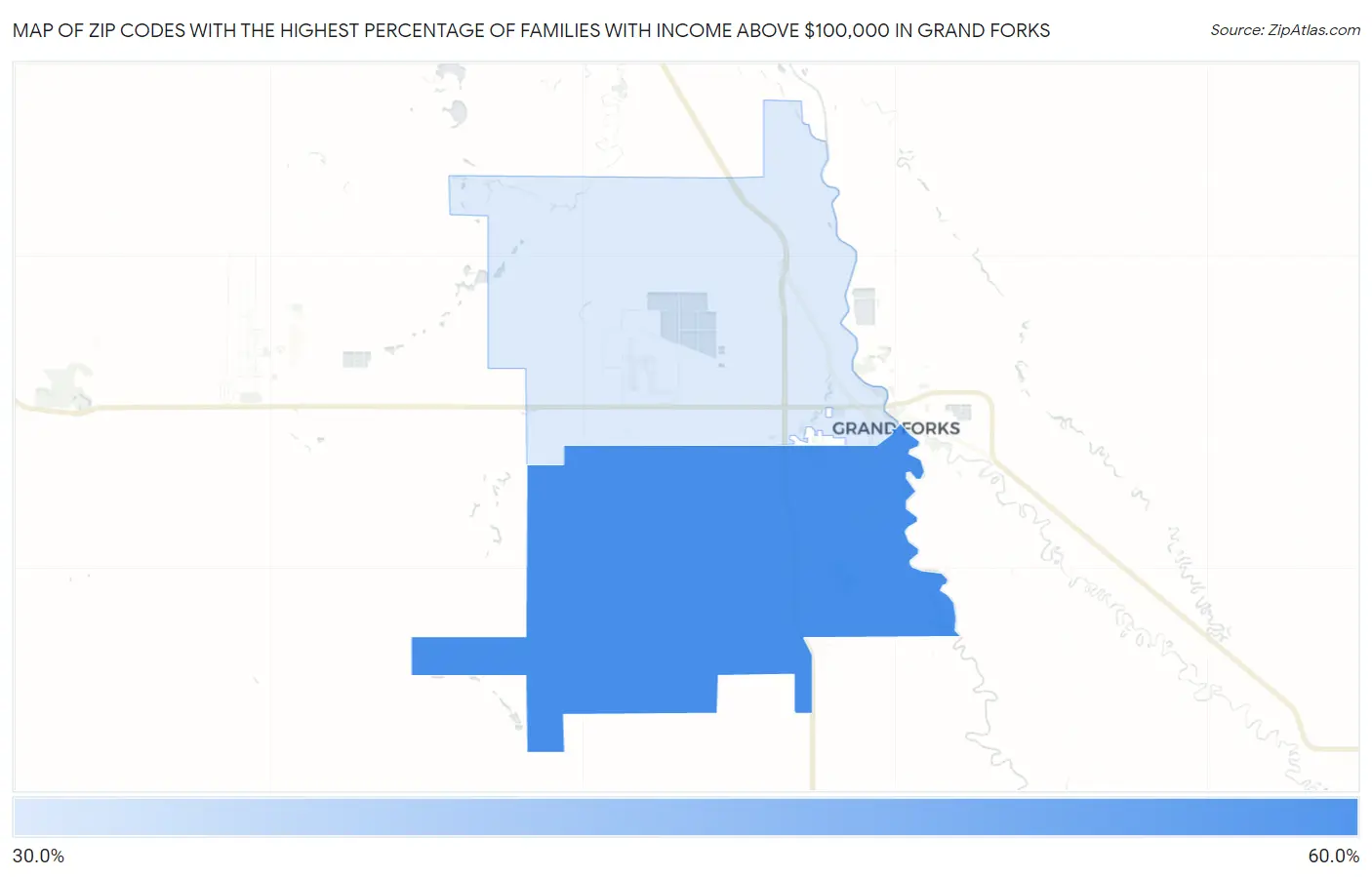 Zip Codes with the Highest Percentage of Families with Income Above $100,000 in Grand Forks Map