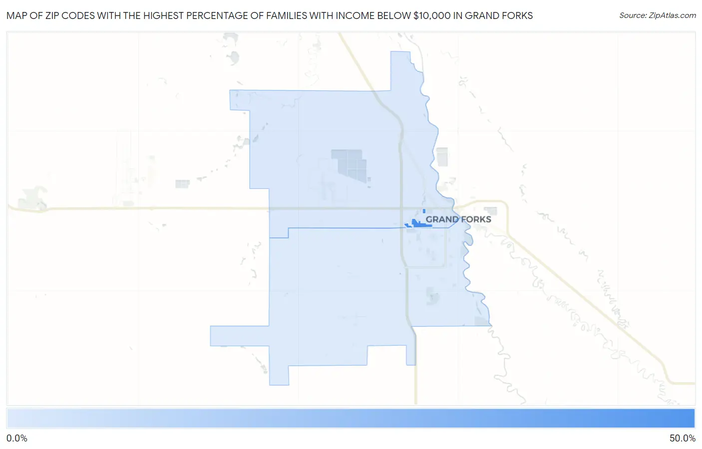 Zip Codes with the Highest Percentage of Families with Income Below $10,000 in Grand Forks Map