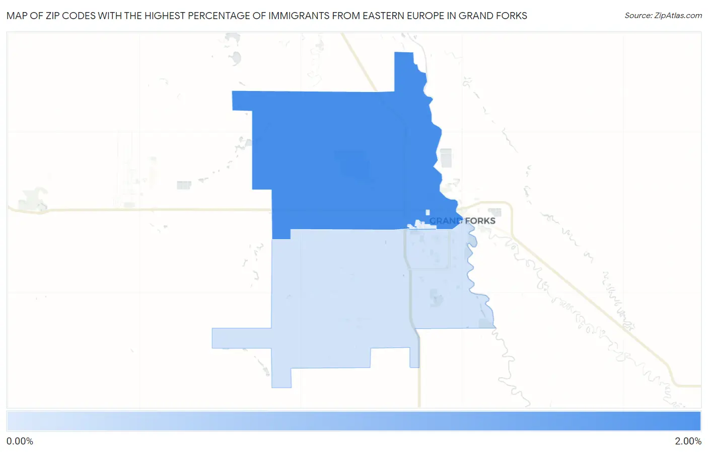 Zip Codes with the Highest Percentage of Immigrants from Eastern Europe in Grand Forks Map