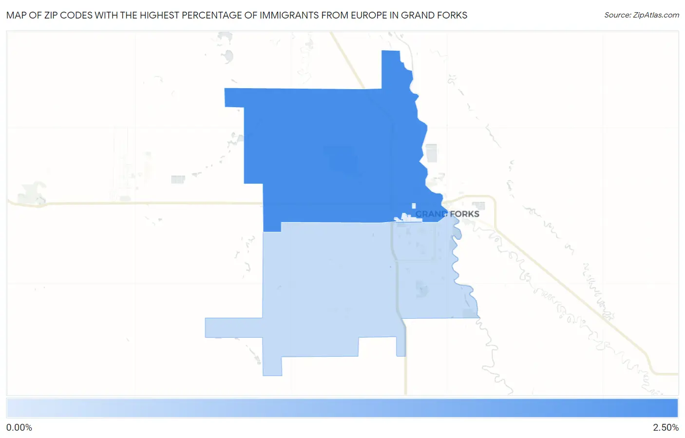 Zip Codes with the Highest Percentage of Immigrants from Europe in Grand Forks Map