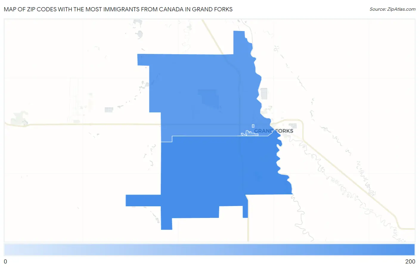 Zip Codes with the Most Immigrants from Canada in Grand Forks Map