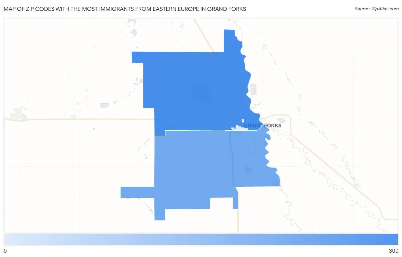 Zip Codes with the Most Immigrants from Eastern Europe in Grand Forks Map