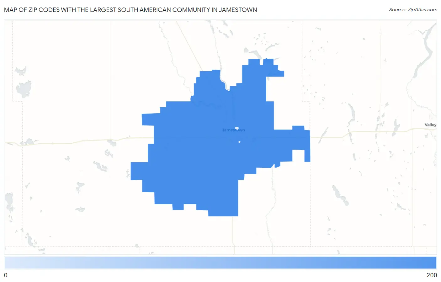 Zip Codes with the Largest South American Community in Jamestown Map