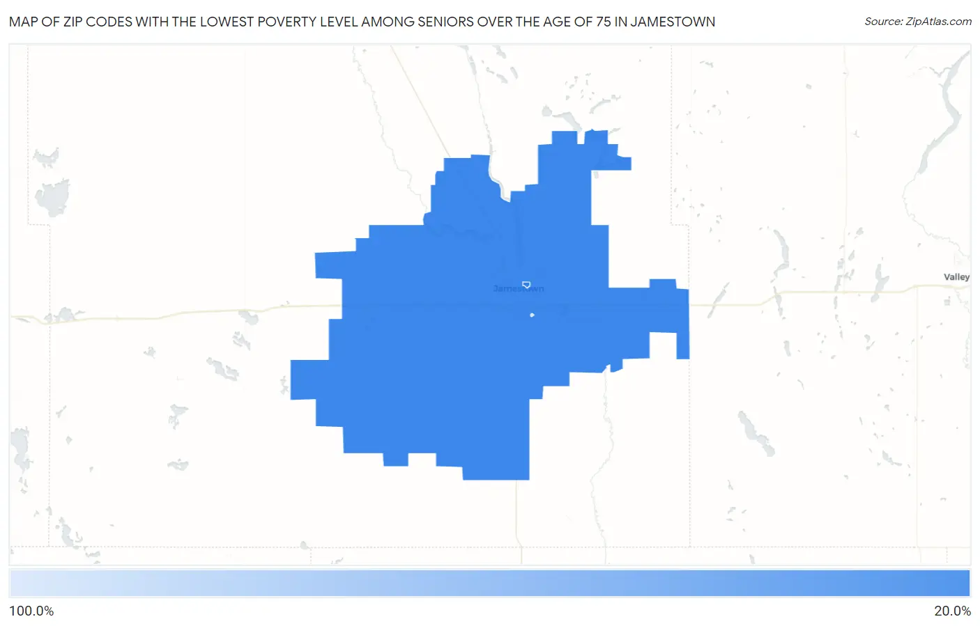 Zip Codes with the Lowest Poverty Level Among Seniors Over the Age of 75 in Jamestown Map