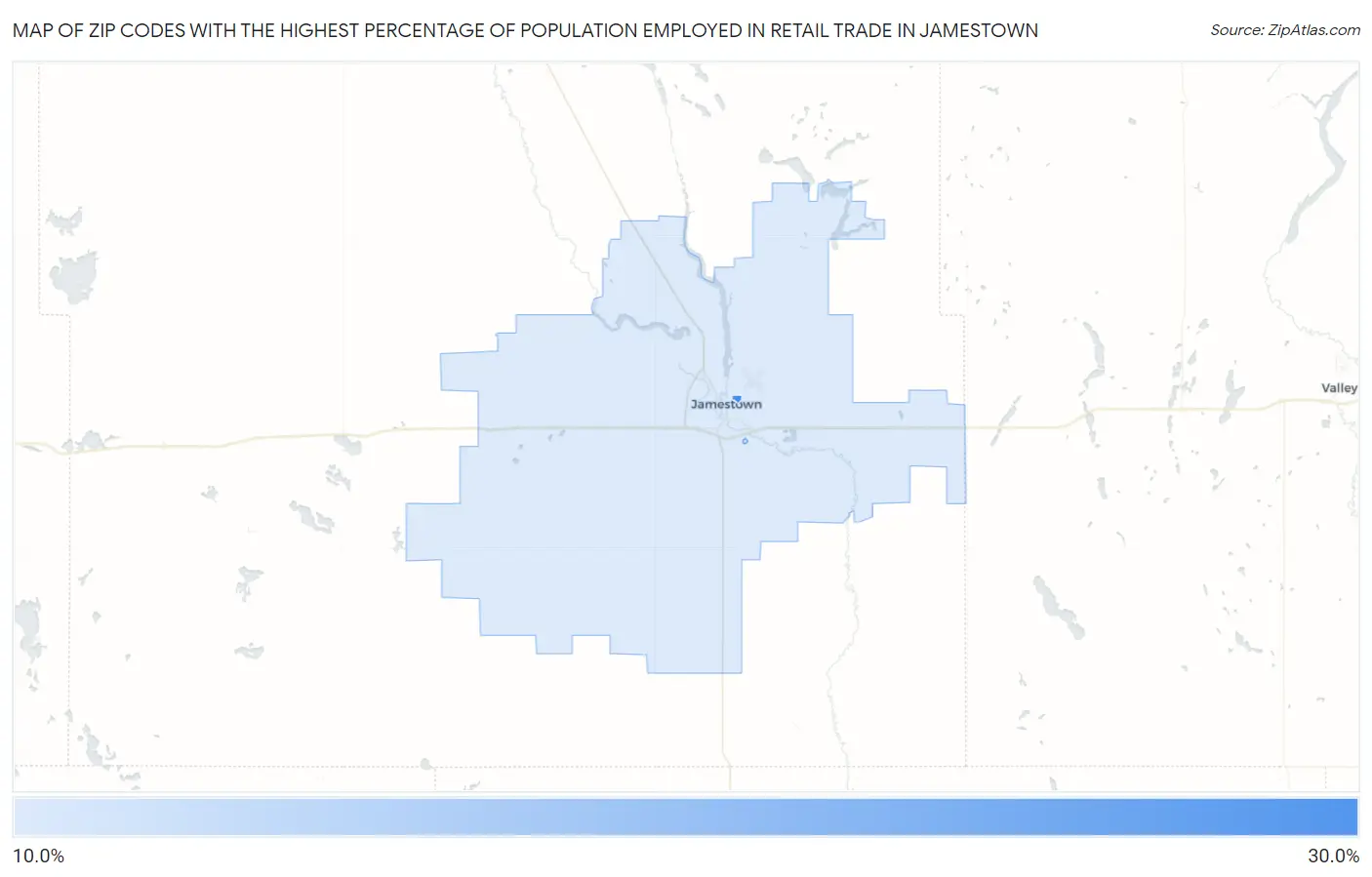 Zip Codes with the Highest Percentage of Population Employed in Retail Trade in Jamestown Map