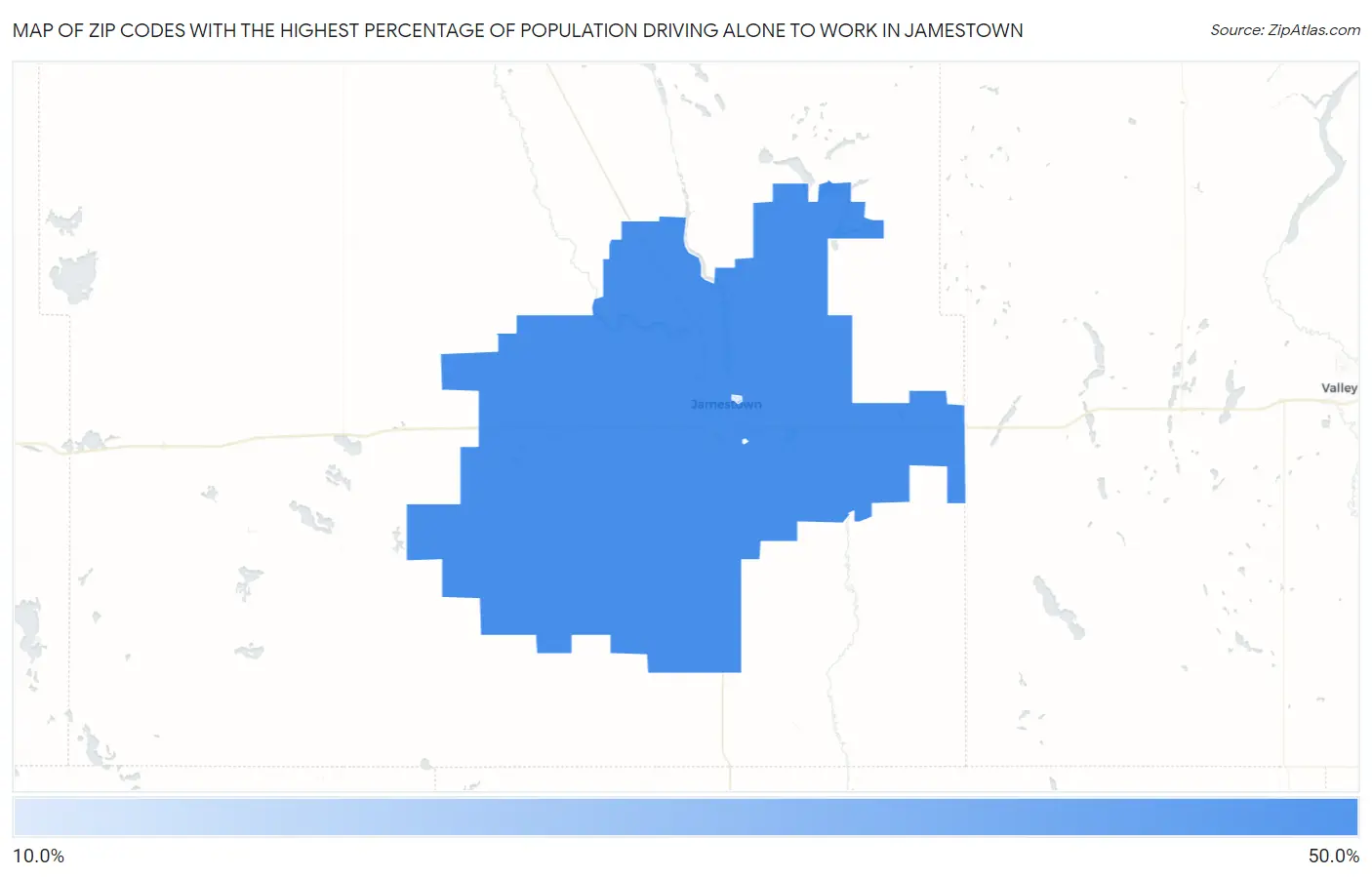 Zip Codes with the Highest Percentage of Population Driving Alone to Work in Jamestown Map