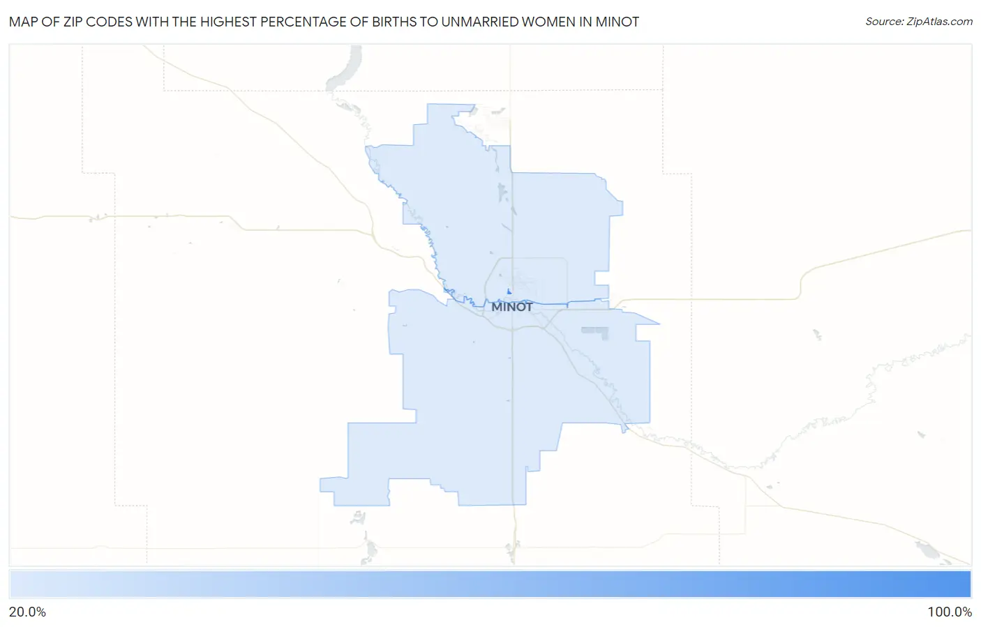 Zip Codes with the Highest Percentage of Births to Unmarried Women in Minot Map