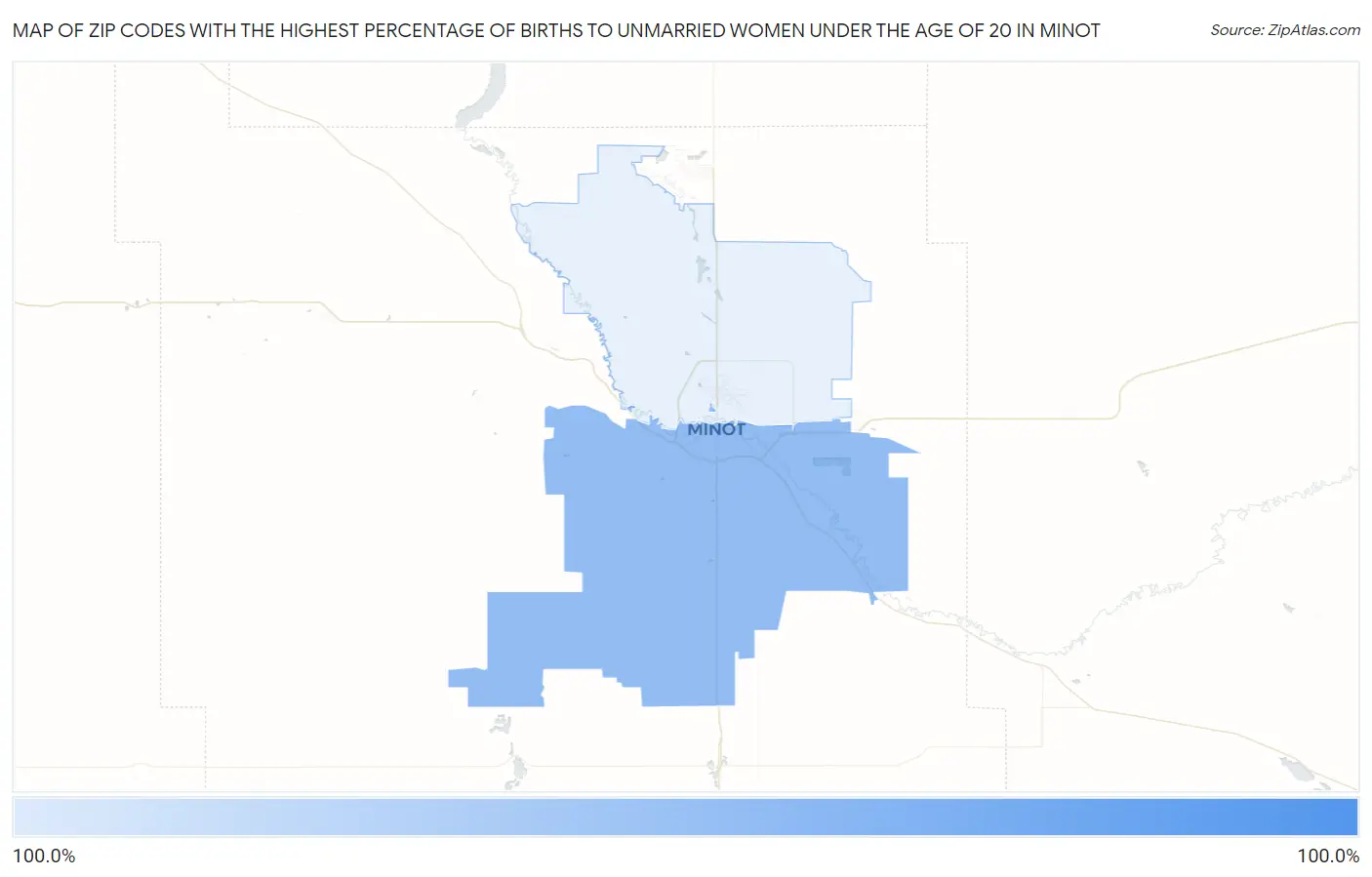 Zip Codes with the Highest Percentage of Births to Unmarried Women under the Age of 20 in Minot Map