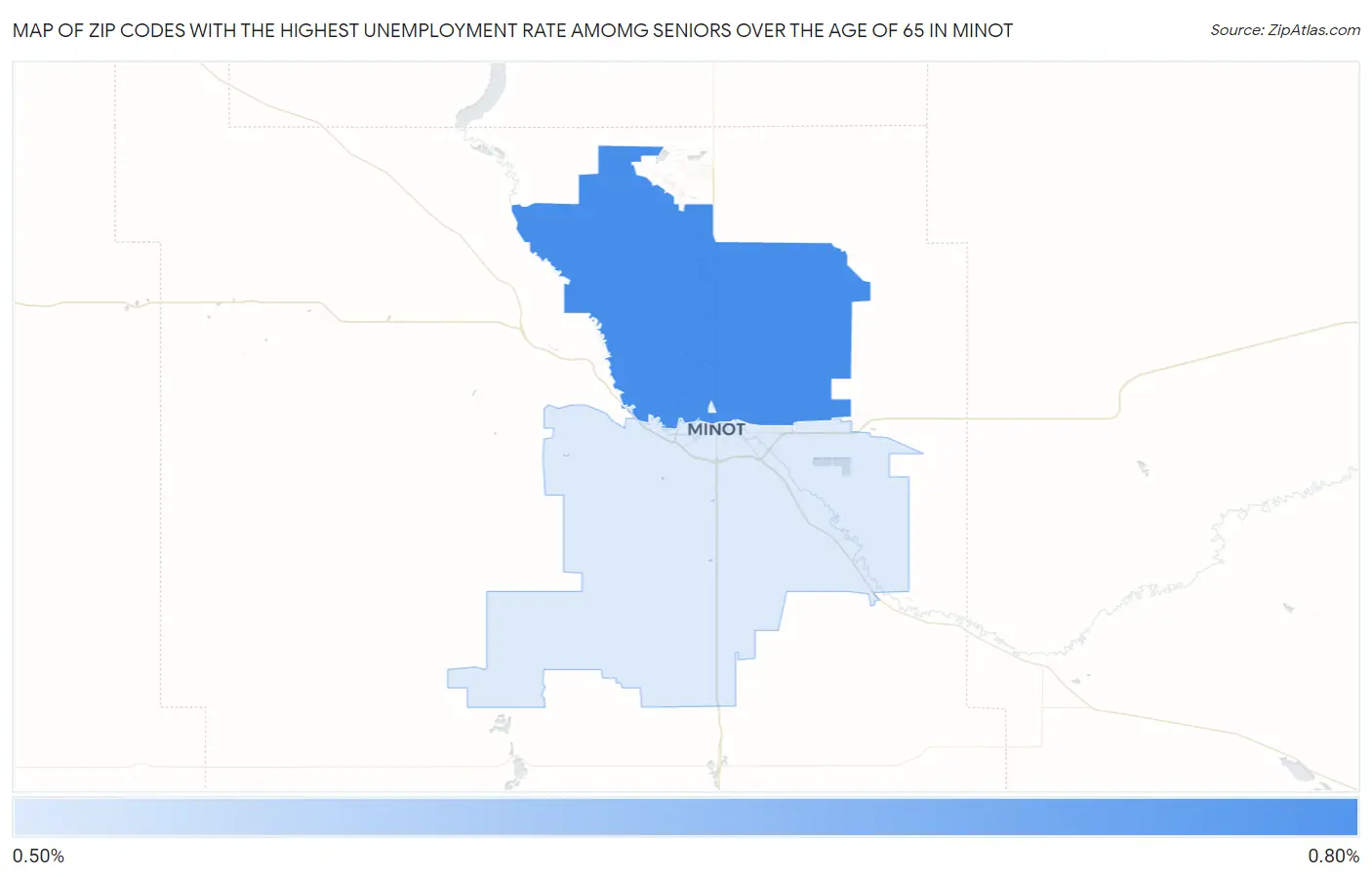 Zip Codes with the Highest Unemployment Rate Amomg Seniors Over the Age of 65 in Minot Map