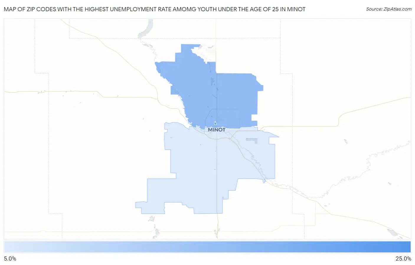 Zip Codes with the Highest Unemployment Rate Amomg Youth Under the Age of 25 in Minot Map