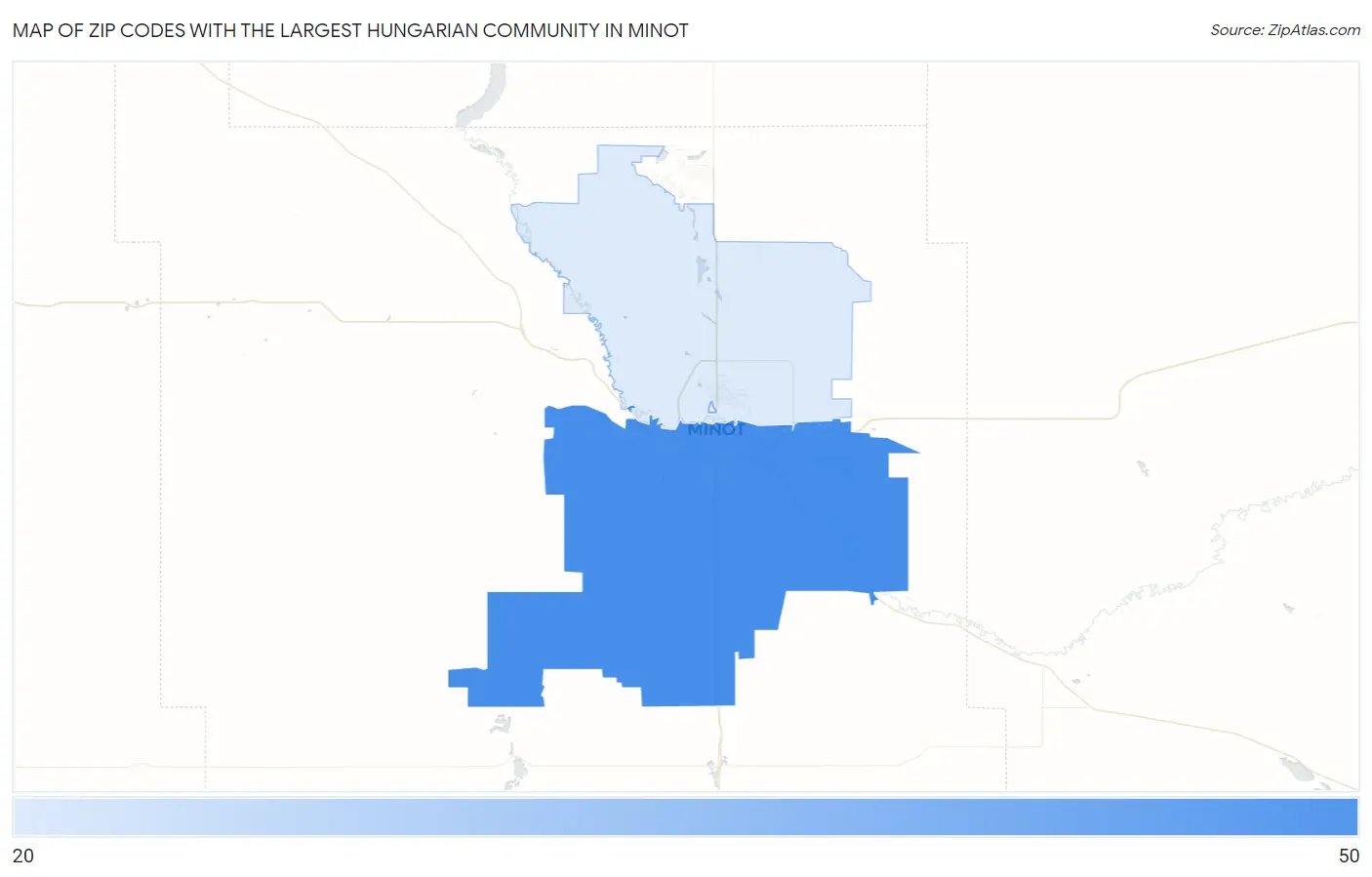Zip Codes with the Largest Hungarian Community in Minot Map