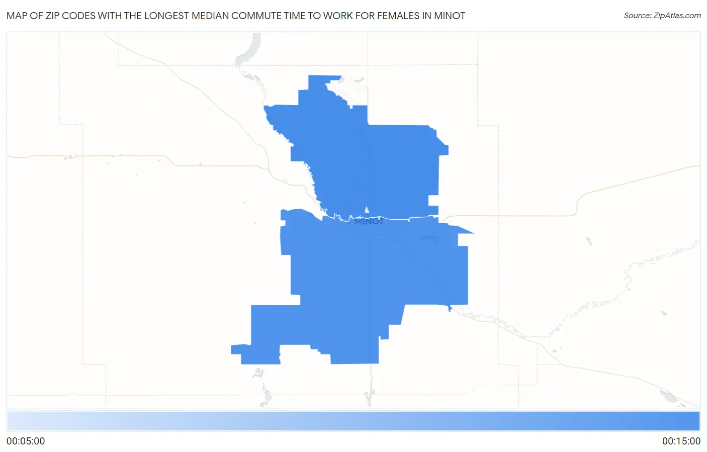 Zip Codes with the Longest Median Commute Time to Work for Females in Minot Map