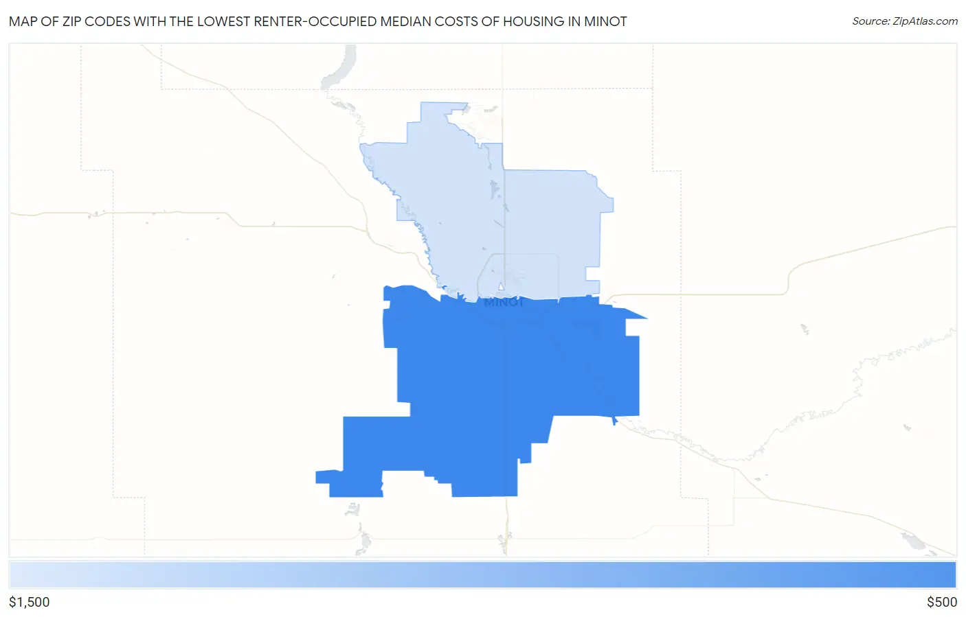Zip Codes with the Lowest Renter-Occupied Median Costs of Housing in Minot Map