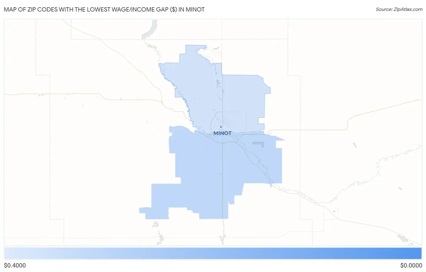 Zip Codes with the Lowest Wage/Income Gap ($) in Minot Map