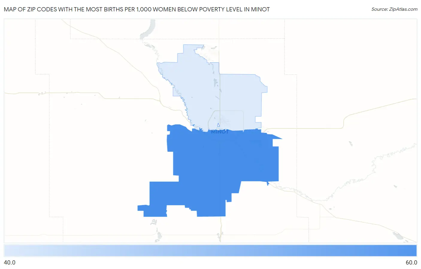 Zip Codes with the Most Births per 1,000 Women Below Poverty Level in Minot Map