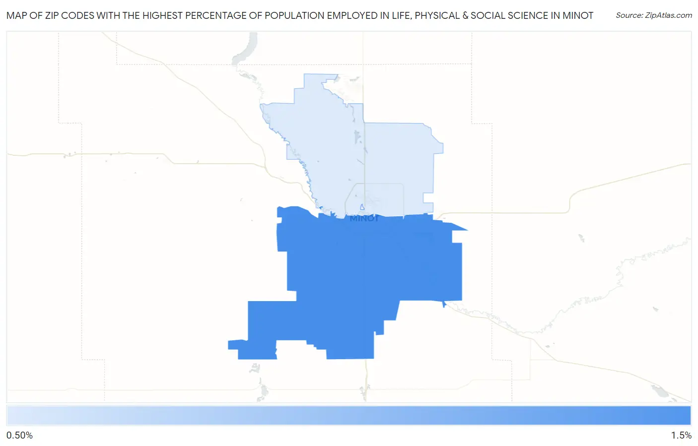 Zip Codes with the Highest Percentage of Population Employed in Life, Physical & Social Science in Minot Map