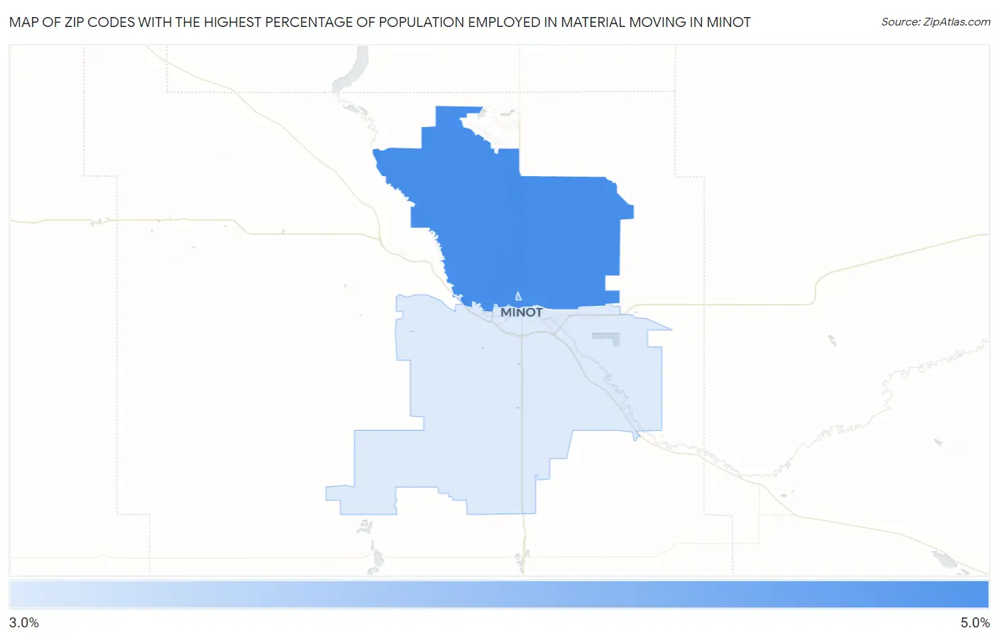 Zip Codes with the Highest Percentage of Population Employed in Material Moving in Minot Map